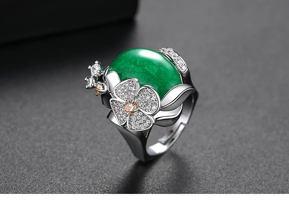 LUOTEEMI роскошное кольцо с зеленым камнем для женщин модные юбилейные украшения цветок Открытый палец Anillos Mujer Bijoux рождественские подарки