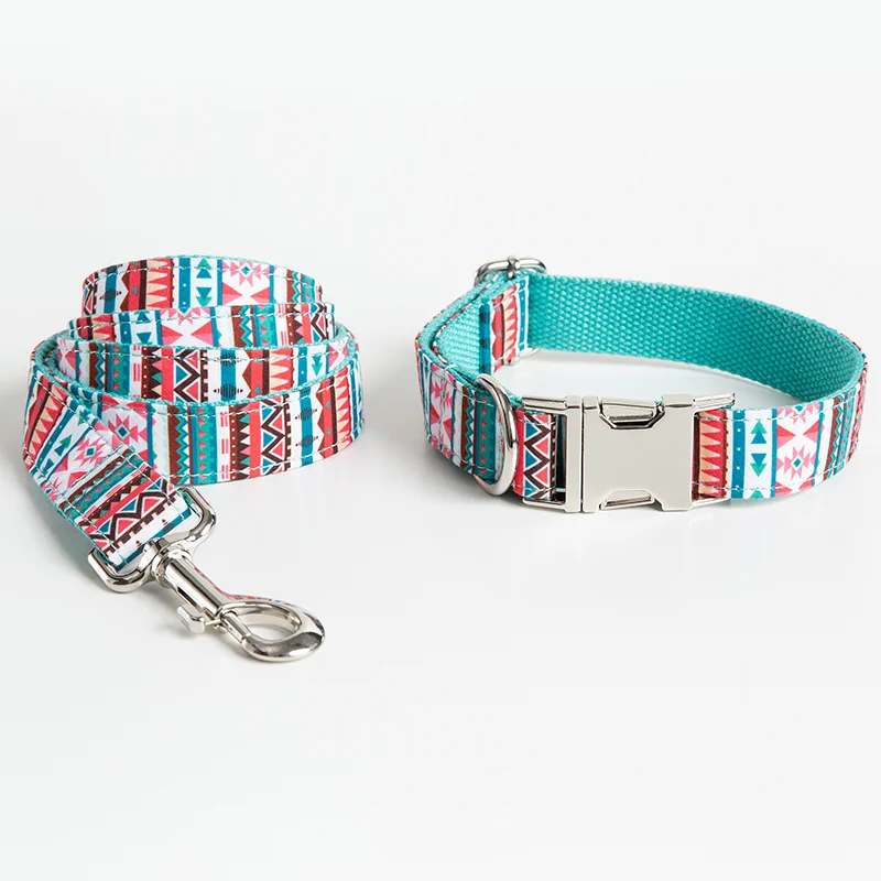

Personalized Dog Collar Leash Set Graffiti Pattern Nylon Dog Collars Pet Walking Leash Customized ID Tag For Medium Large Dogs