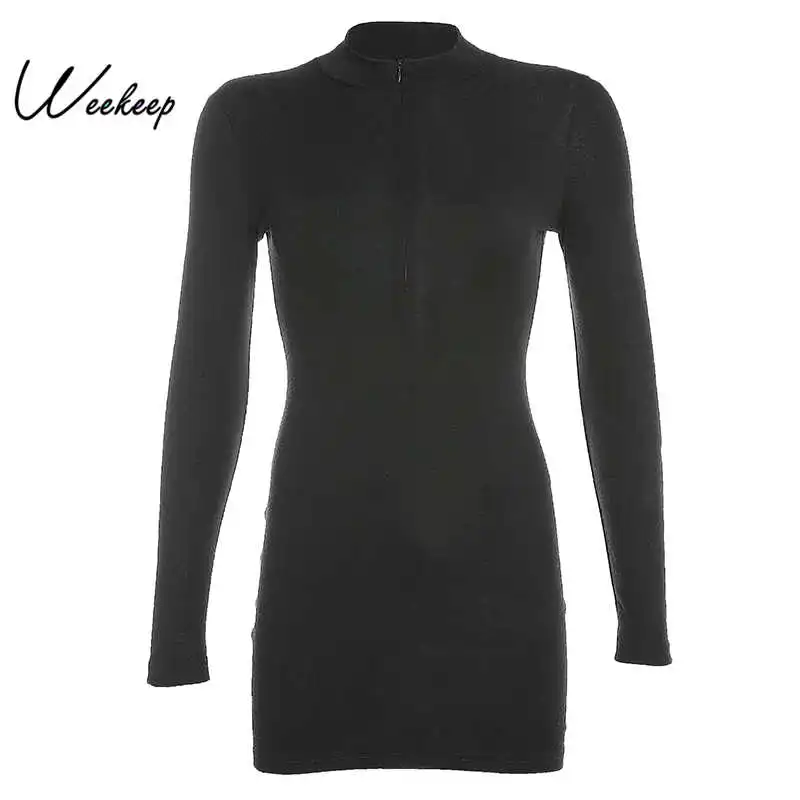 

Weekeep Basic Long Sleeve Invisible Zipper Dress Women O-neck Bodycon Spring Autumn Mini Dresses Women