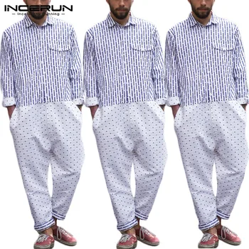 

INCERUN Fashion Men Printed Patchwork Lapel Long Sleeve Vintage Jumpsuit Baggy Streetwear Casual Mens Workwear Rompers Joggers