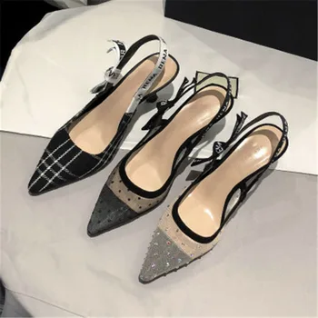 

Women's shoes 2020 summer new net yarn letters with pointed polka dot kitten heel single shoes rhinestone rear empty sandals wom
