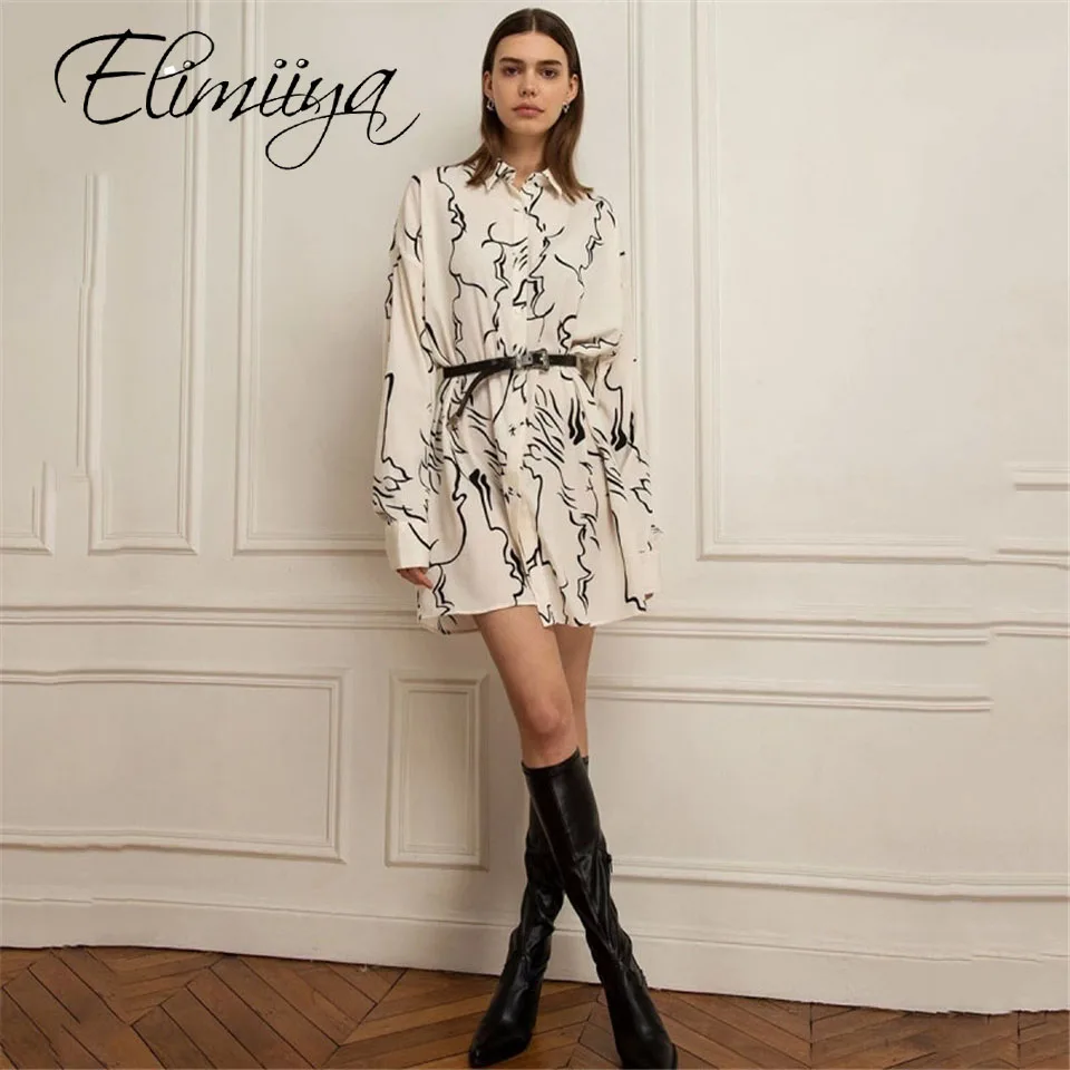 

Elimiiya Spring And Summer Women OL Simple Stylish Print Dress Female Slimming Irregular Long Sleeve Shirt Casual Dress