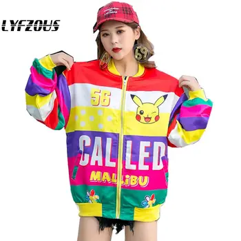 

LYFZOUS 2020 Spring Autumn Women Coat Pikachu Cartoon And Letter Print Jacket Loose Large Size Long-sleeved Trending Female Coat