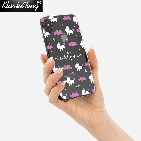 Персонализированное имя пользовательский чехол для телефона для iPhone 11 Xs MAX XR 8 7 6 Plus 5S цветок Единорог прозрачный силиконовый чехол - Color: Whitename4