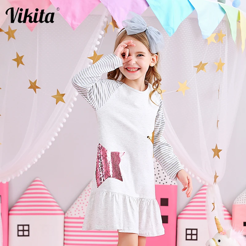 VIKITA Kids Dresses for Girls Costume Long Sleeve Cotton Princess Dress Children Clothes Reversible Sequined Baby | Детская одежда и