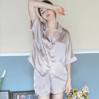 

Silk women leisure wear fashion turn-down collar and short sleeves pajamas sets sexy short pants summer nightie for women