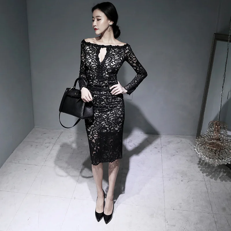 

Dress 2019 Autumn New Products Korean-style WOMEN'S Wear Horizontal Neck Slim Fit Lace Dress