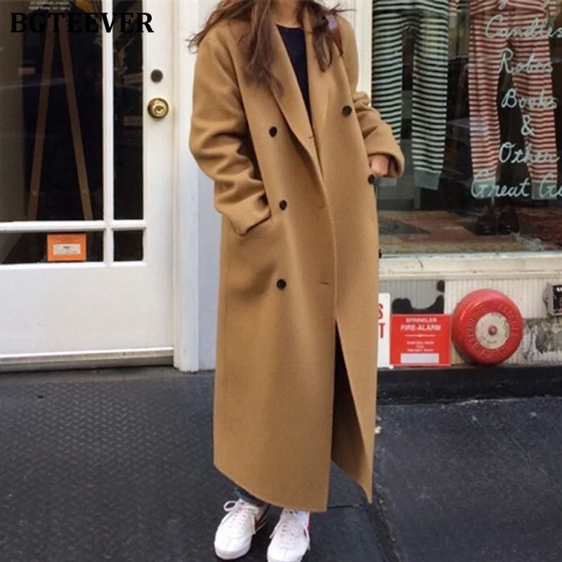 

BGTEEVER Retro Loose Double-breasted Women Long Overcoats Winter Blend Coat Warm Full Sleeve Female Woolen Coats Female 2019