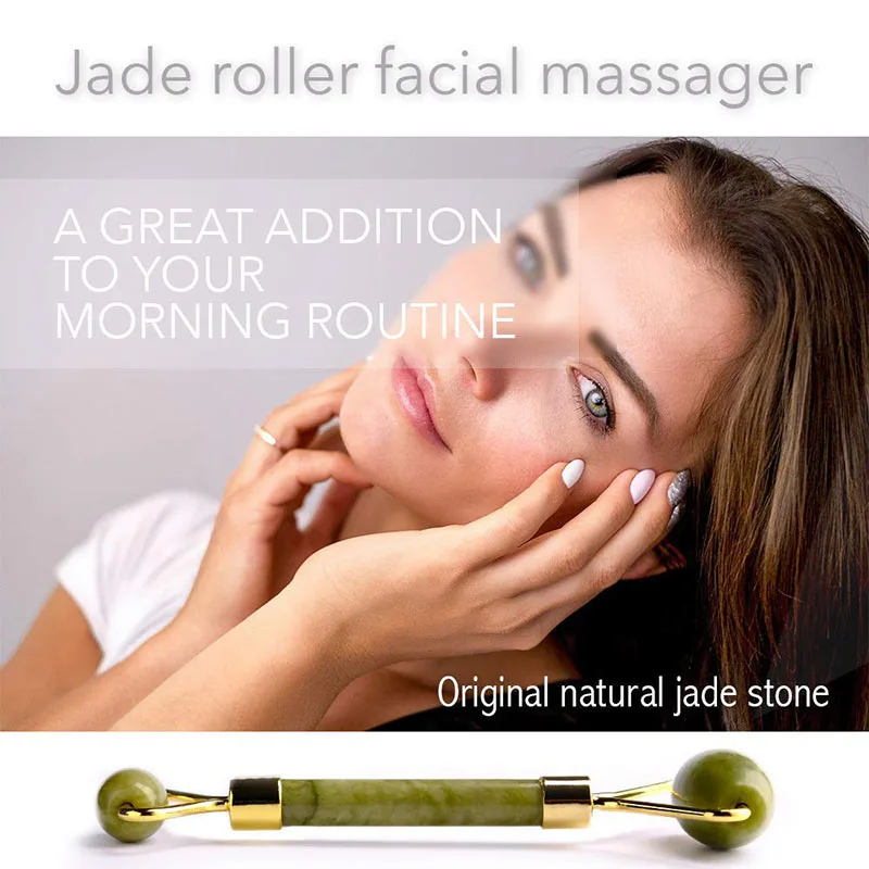 Free Shipping Double Head Facial Massager Roller Natural Jade Stone GuaSha Face Slimming Body Head Neck Natural Massage Tool