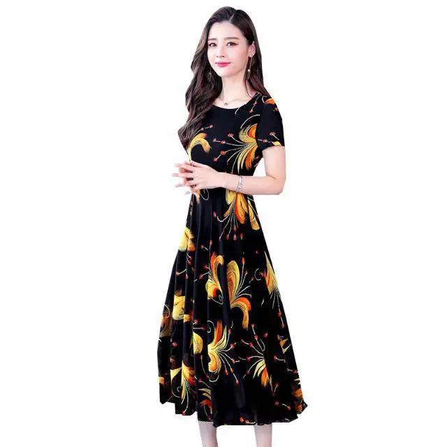

Summer New Style Korean-style Chiffon Large Size Belly Covering Waist Hugging Slimming Dress Mid-length Elderly People Women's D