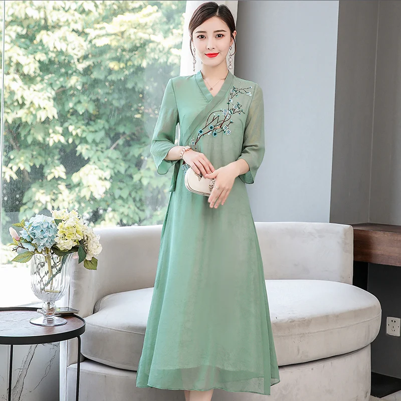 2019 винтажное повседневное Ретро китайское платье, китайский халат qipao шифоновый Чонсам дзен чай конопли платья Лен халат свободное женское