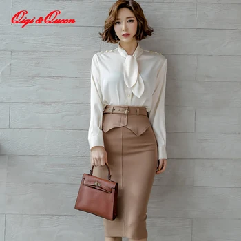 

Qiqi&queen Women 2020 Spring Sexy OL Work 2 Pieces Set Lace up Chiffon Blouses & Sheath Pencil Skirt Office Lady Skirts Suits