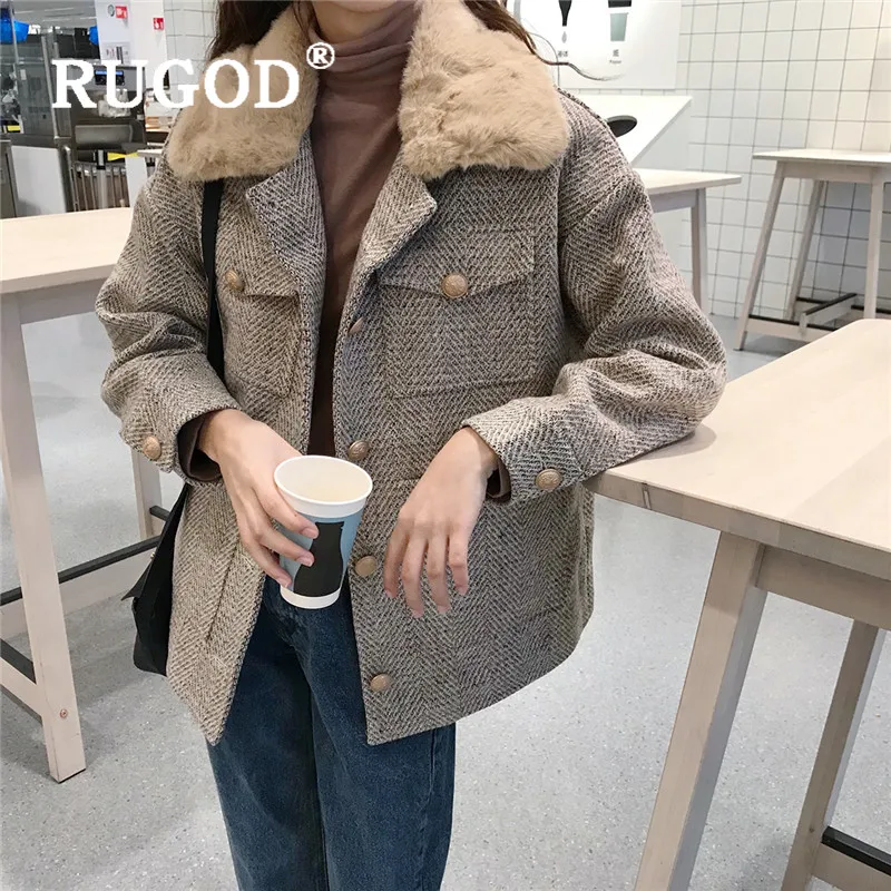 RUGOD, Женское зимнее пальто для женщин, корейское, одноцветное, теплое, отложной воротник, пэтчворк, толстое пальто, модное, женское, повседневное, шерстяное пальто