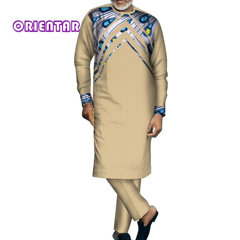 Африканская одежда для мужчин с длинным рукавом рубашка и брюки набор Базен Riche Африканский принт лоскутное мужское Макси-платье брюки набор WYN654