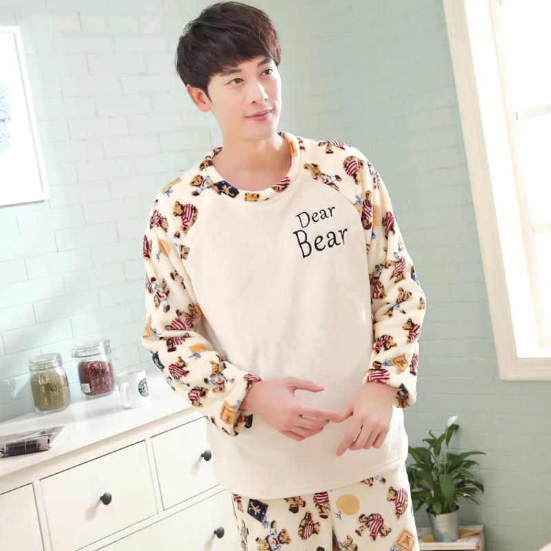 

Autumn & Winter Long Sleeve Pajamas Men Flannel Cute Cartoon Warm Thick Flannel Tracksuit Two-Piece Set