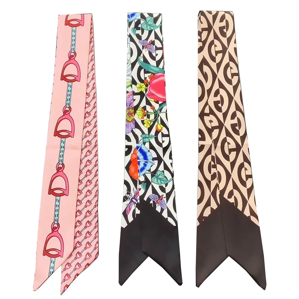 

Spring Summer Small Long Twill Silk Scarf For Women Horse Double Printed Elegant Ladies Neck Scarves Hair Scarf Handbag Ribbons