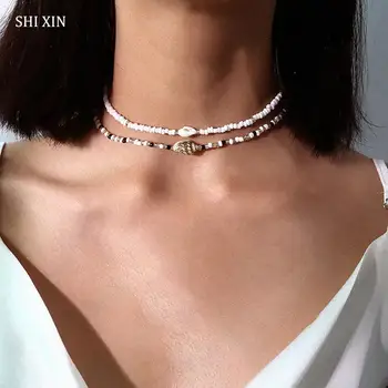 

SHIXIN Separable 2 Layered White/Black Beads Necklaces Korean Small Beaded Conch Shell Choker Necklace for Women Fashion Collar