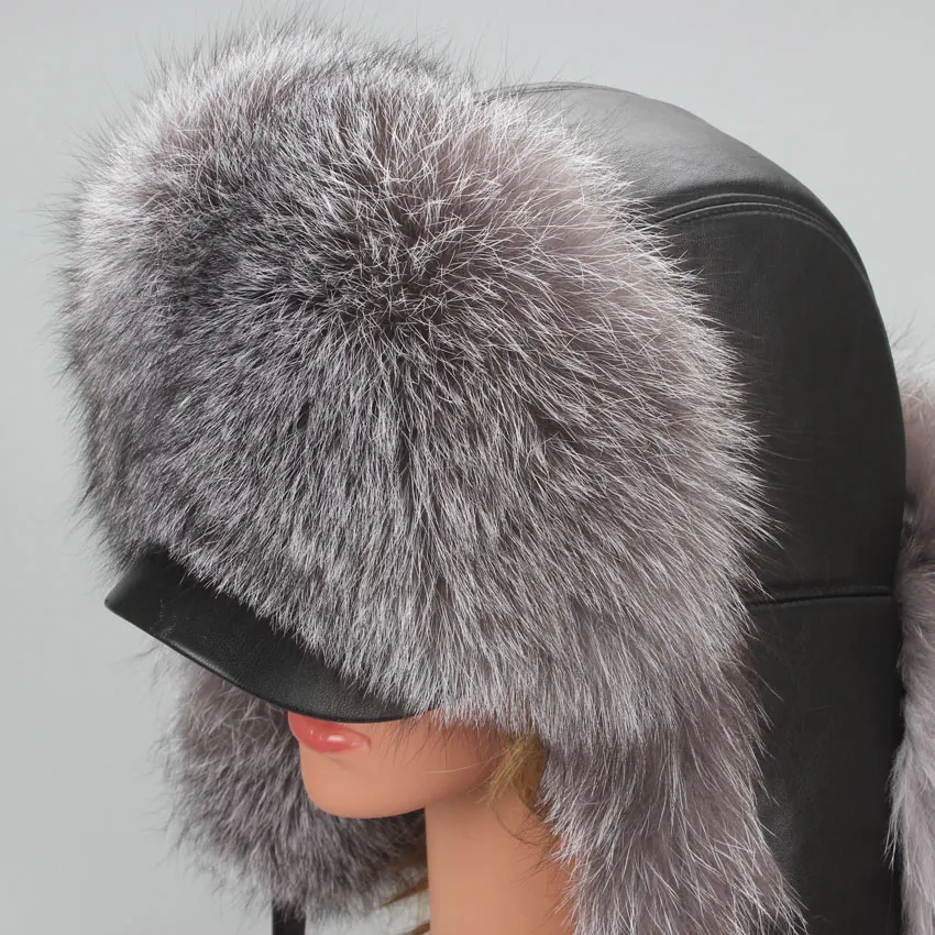 Genuine Silver Fox Fur Hat with Ear Flaps Real Natural Fur Caps