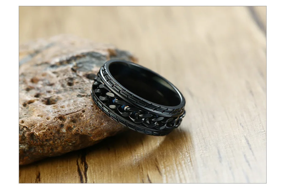 Vnox 8mm Cool Black Spinner Chain Ring for Men Tire Texture Stainless Steel Rotatable Links Punk Male Anel
