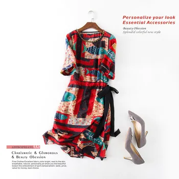 

New bowknot printing silk dress is manual nail bead round collar of dress