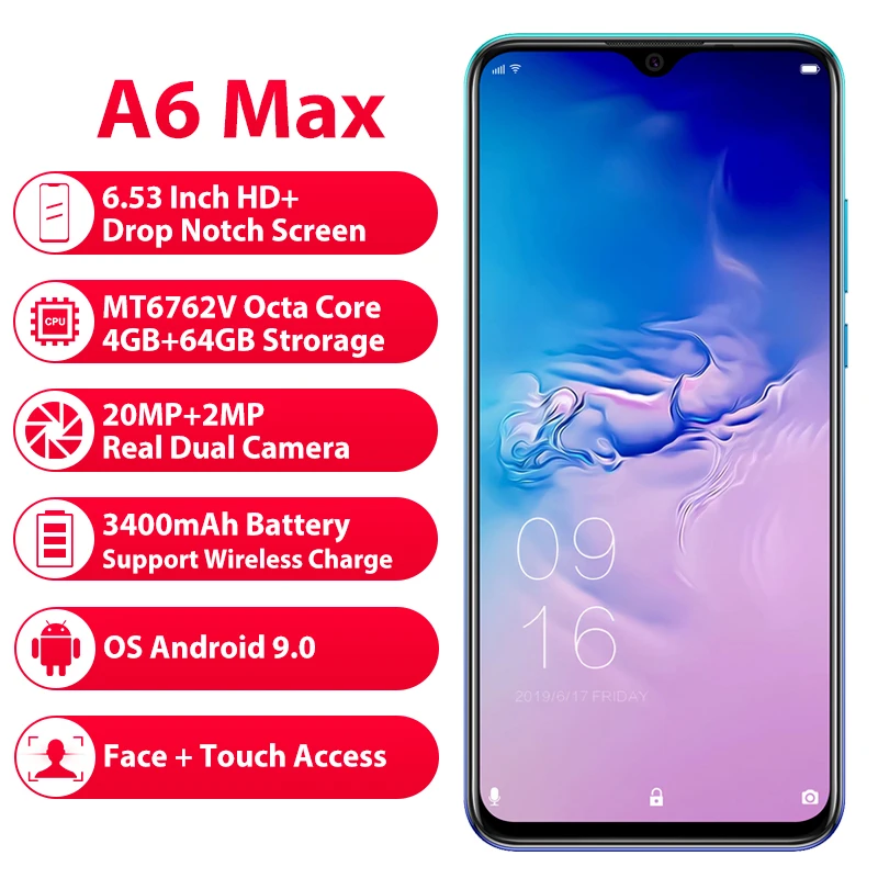 Смартфон Elephone A6 Max 6 53 ''с выемкой экрана 20 МП отпечатком пальца MT6762V Поддержка NFC