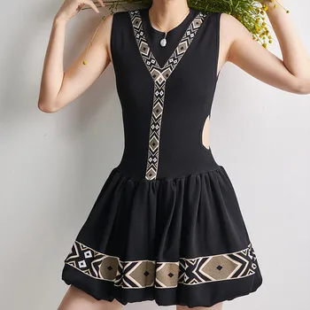 

Women Pleated Mini Dress Knitted Sleeveless Hollow out Black O-neck A-line Color Matching Ladies Knit Dresses New