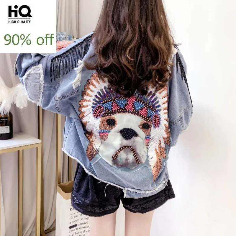 

Harajuku Back Embroidered Flares Sequins Womens Denim Jackets Beading Tassel Hole Ripped Patchs Long Sleeve Female Loose Coats