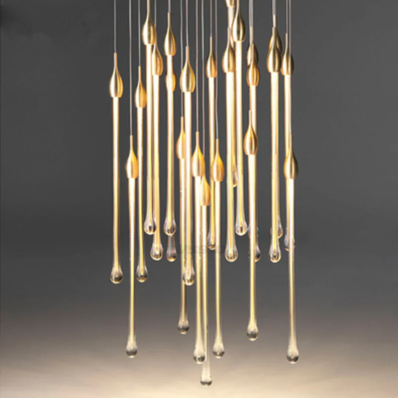 

Luxury crystal led pendant lights fixture staircase long water drop kitchen restaurant rectangle hanging lamp lampy wiszace