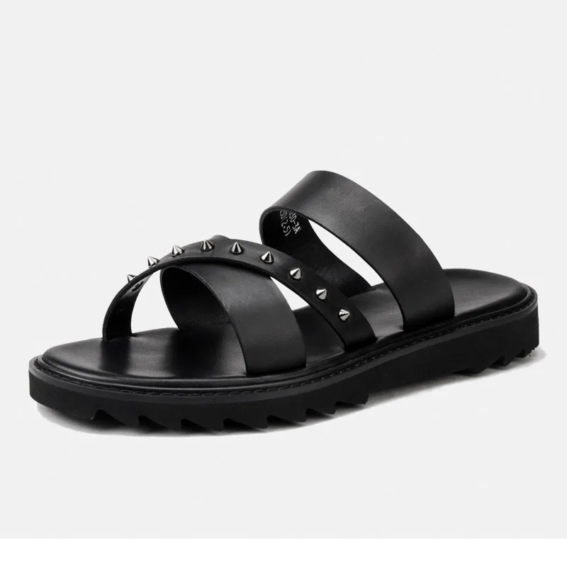 

Шлепанцы мужские из натуральной кожи, повседневные сандалии на платформе, пляжные тапочки с заклепками, римские сланцы, летняя модель