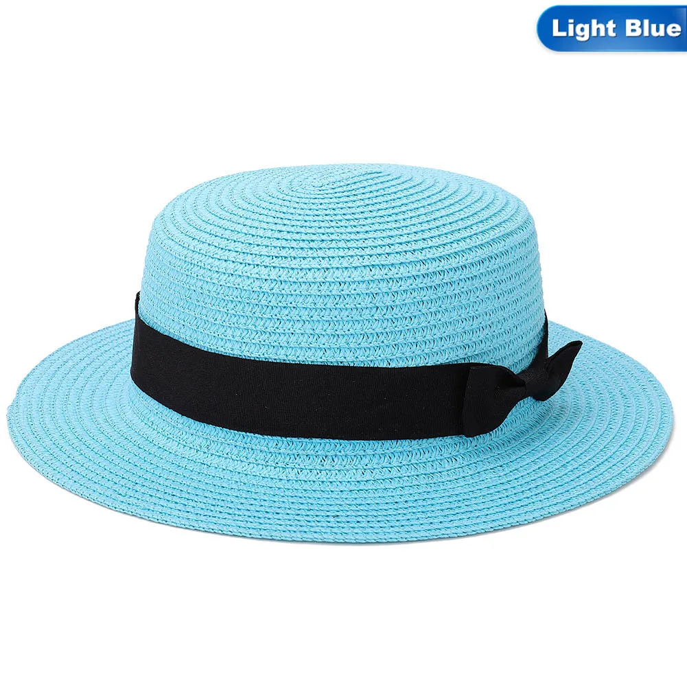 light blue Женская шляпа от солнца, Соломенная пляжная шляпа с круглым плоским верхом, летние шляпы для женщин, соломенная шляпа, Snapback Gorras - Цвет: light blue