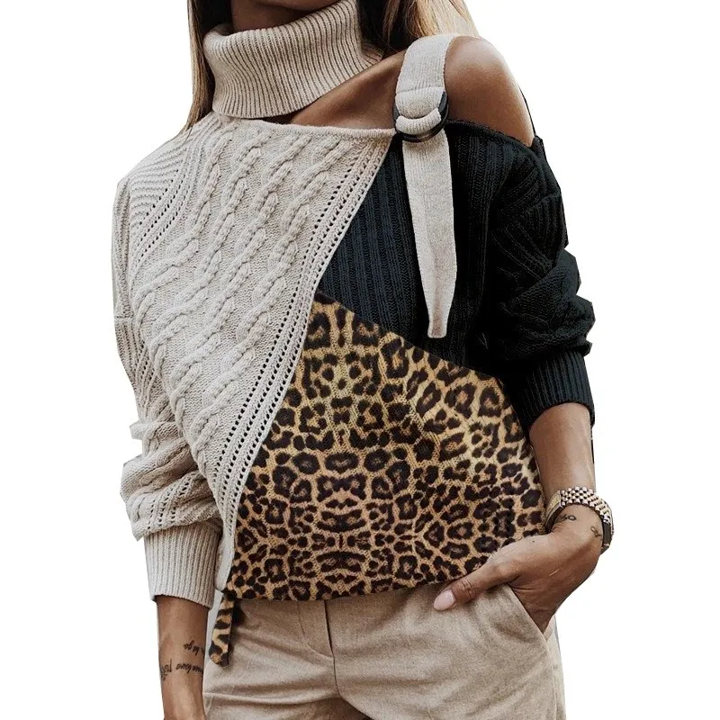 Леопардовый лоскутный свитер с высоким воротом, женские сексуальные с открытыми плечами, цветные вязанные свитера с рукавом летучая мышь, топы больших размеров - Цвет: Черный