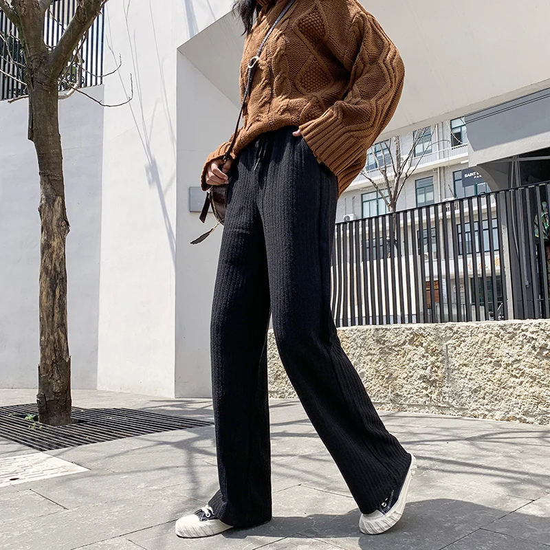 Genayooa Plus Size Knitting Wide Leg Pants Casual Woman Trousers Winter Streetwear Elastic Wear Pants Big Size Trousers