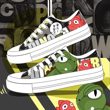 

Chic Girls Boys Canvas Shoes Hand Painted Dinosaur Sneakers Cute Cartoon Dino Plimsolls Students Cool Fashion Vulcanized Shoes