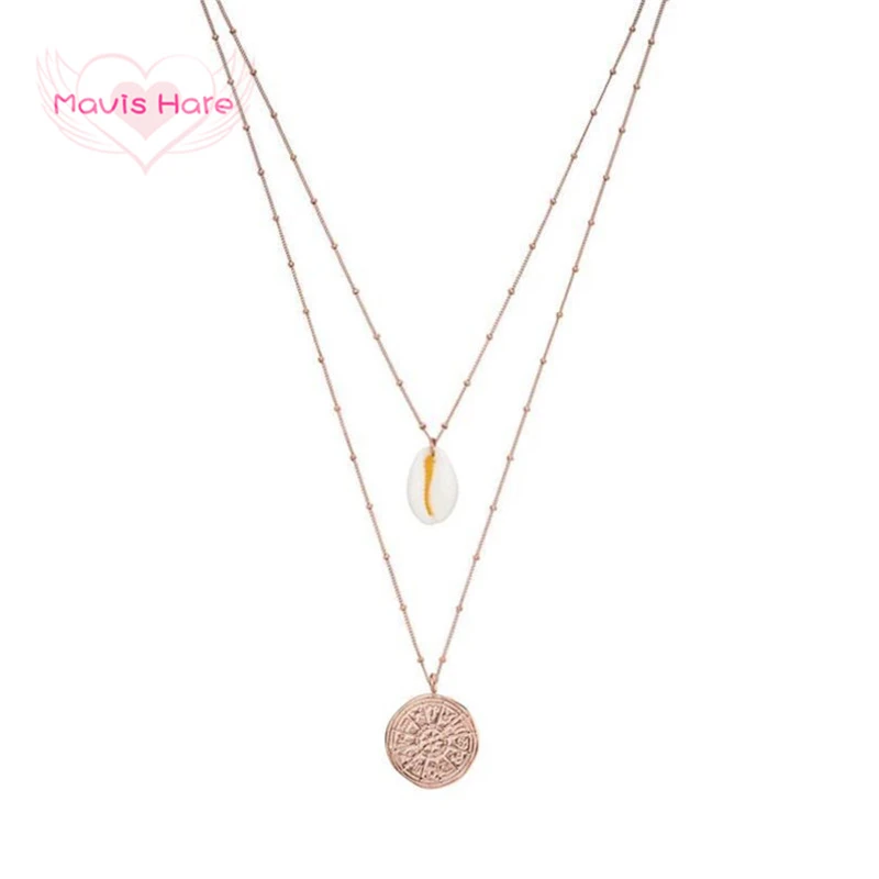 

Mavis Hare Stainless Steel Zodiac Sign ISLAND Double Layer Necklace with Natural Sea Shell cowry Pendant as Beach Accessories
