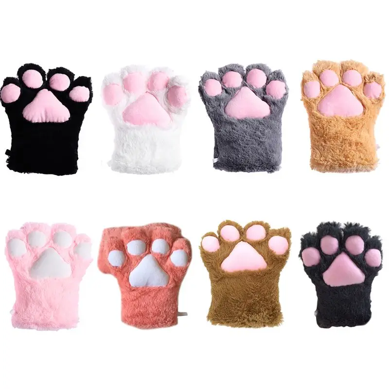 Women Girls Cute Bear Cat Paw Gloves Winter Warm Thick Fluffy Plush Cartoon Animal Anime Lolita Cosplay Mittens
