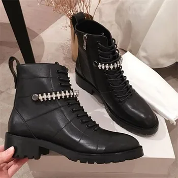 

Cruz Crystal Combat Boots Embellished Leather Black Shoes Woman Grainy Women Ankle boots Brand Knight Short Motorcycle Boots