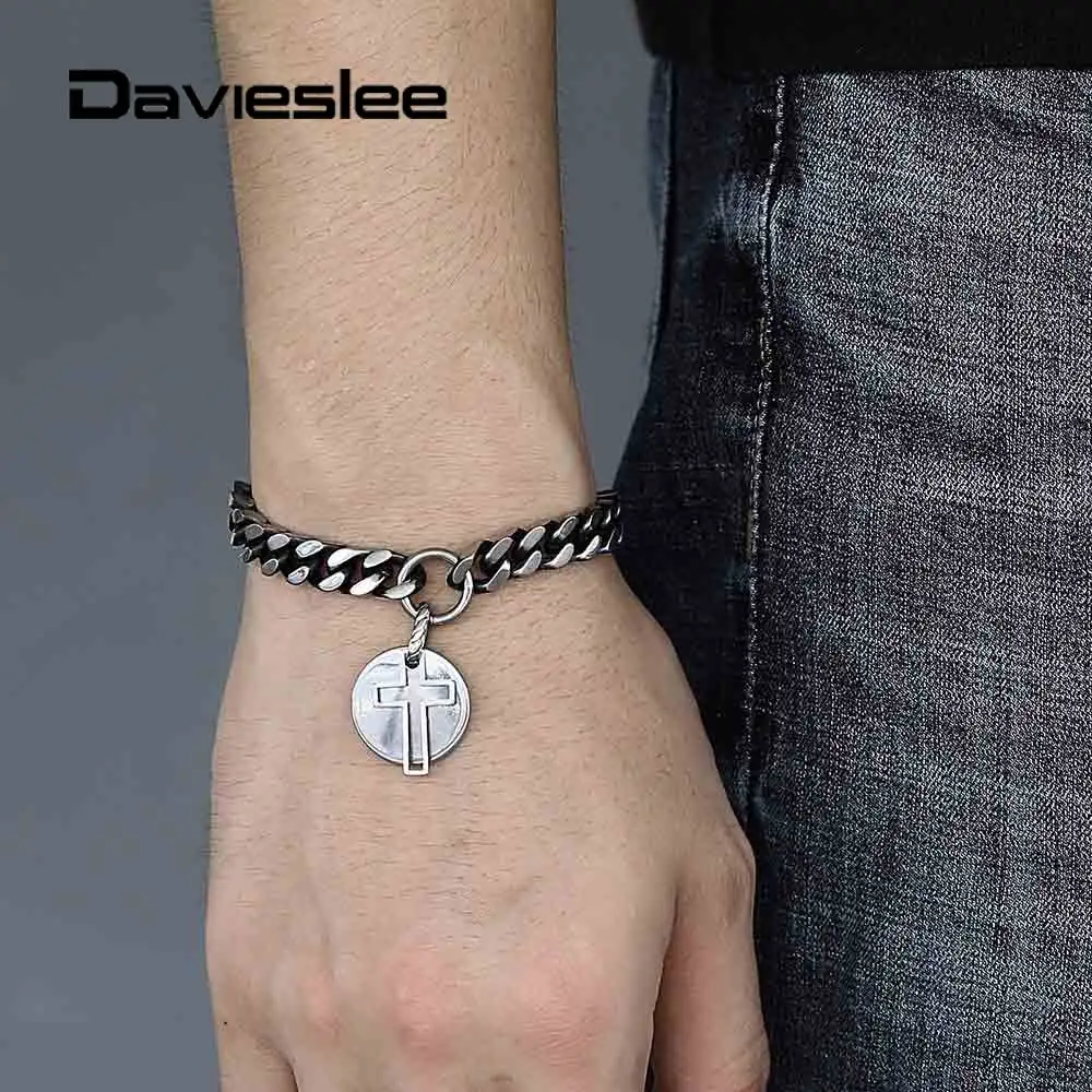 8 мм Крест очаровательный браслет для мужчин Снаряженная кубинская цепь из нержавеющей стали окисленный тон ID браслеты заготовка для подвески с гравировкой имени 8,7 дюймов LDB265
