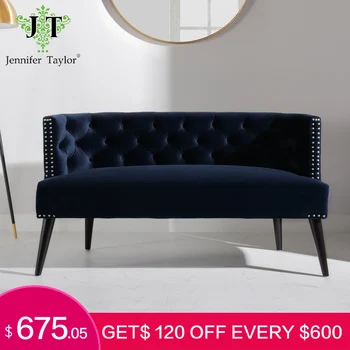 

Jennifer Taylor Home Celine Tufted Settee Nailhead Accents Dark Navy Blue Diamond Hand Tufts Along The Back And Nail Head Trims