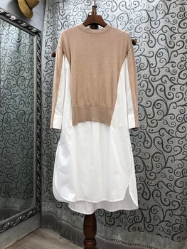 

2020 New Style for Autumn and Winter Women's Crew Neck Color Stitching Slit Hemline at Hem Decoration Long-Sleeved Dress 827
