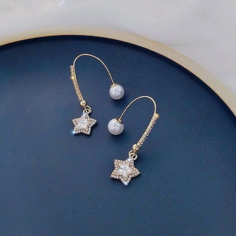 Vintage Gold Color Hook Pearl Crystal Star Drop Earrings For Women