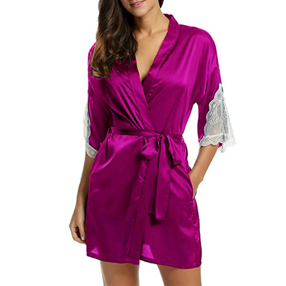 

Home Lace Trim Smooth V Neck Gift Artificial Silk Solid Cardigan Women Sleepwear Half Sleeve Short Bathrobe With Waist Belt