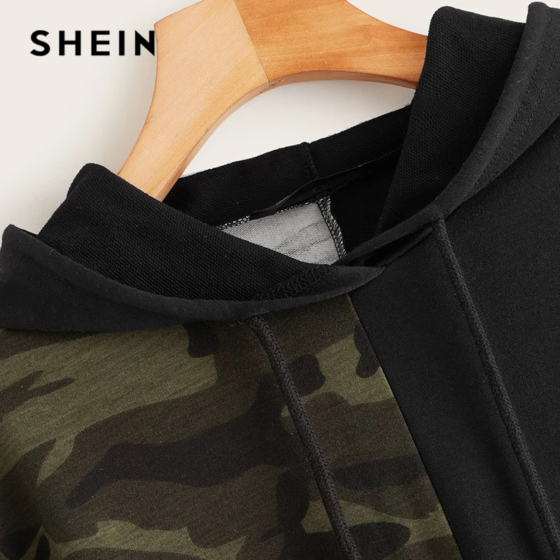  SHEIN Two Tone Camo Panel Hoodie Crop Sweatshirt Women Pullover Autumn Cut and Sew Drawstring Sport