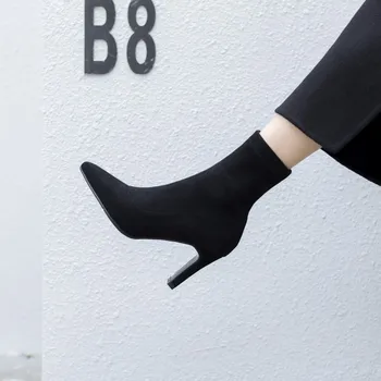 

2020 new style pointed high heel short boots women's winter black thin boots fashion Korean suede elastic medium tube socks