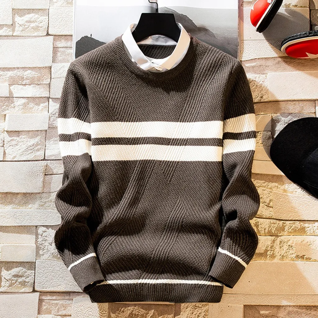 Men's New Autumn Winter Casual Long Sleeve Knitting Sweaters Tops Crocheted Striped Knitted Sweater Men Pullover Clothes 10.25