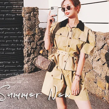 

FashionSummer Workwear Women Two Piece Set Single Breasted Short Sleeve Blouse Women And Loose Short Pants Tracksuit Women SL250