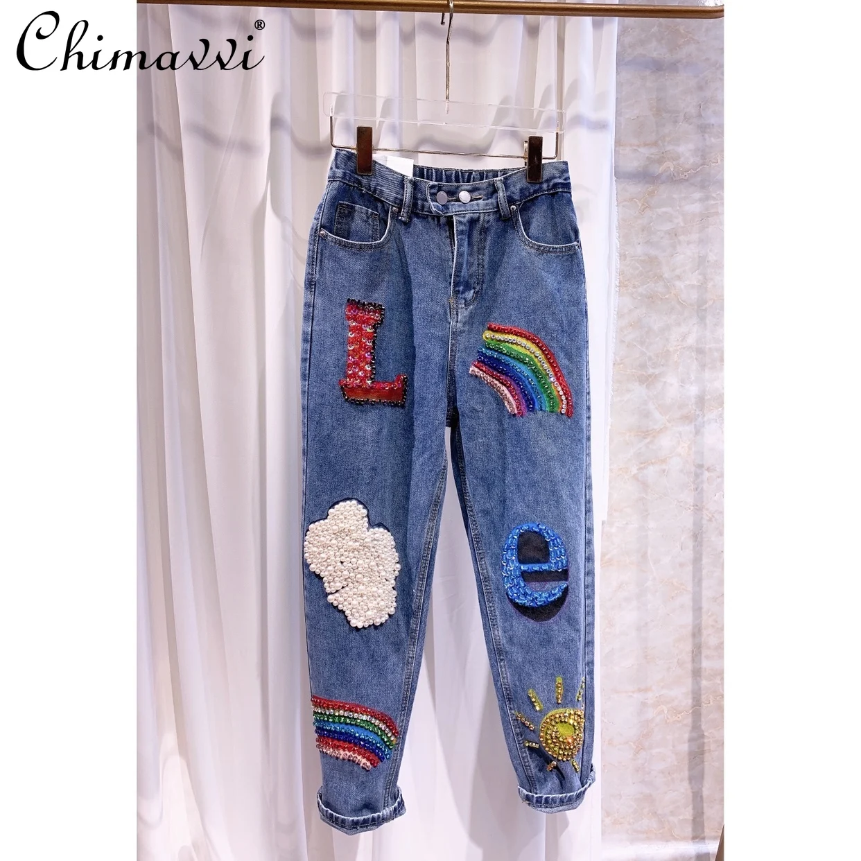 

2021 Fall New Female European Handmade Beaded Rhinestone Jeans Women Fashion Streetwear Rainbow Letter Casual Baggy Denim Pants