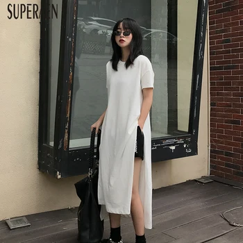 

SuperAen 2020 New Summer Women T-shirt Solid Color Cotton Fashion Ladeis T Shirts Short Sleeves Korenan Style Round Collar