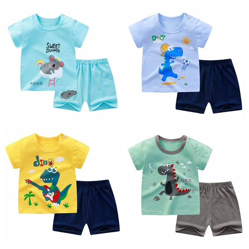 Children's Cotton Cartoon Short Sleeve Suit Baby Summer Two Piece Baby Boys And Girls Round Neck Thin Clothes baby clothing set line