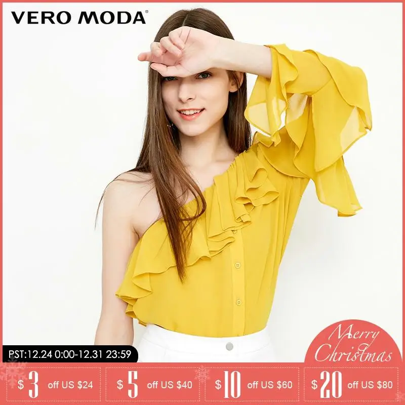Vero Moda 2019 Весна Лето Новые диагональные вырез Гофрированные Рукава шифоновая