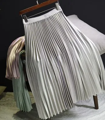 Двухслойная осенне-зимняя женская сатиновая юбка длинная Плиссированная юбка для женщин s Saias Midi Faldas винтажная Женская юбка миди - Цвет: Light Gray